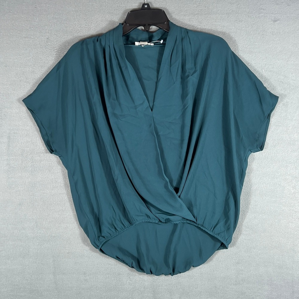 LOFT Womens Blouse S Dark Teal Surplice Wrap Short Sleeve Draped Elastic Hem